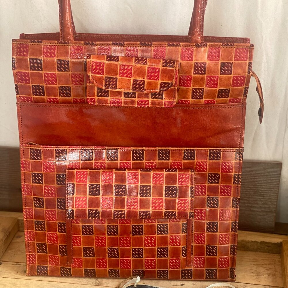 Vintage 1990s NachoCow Leather Patchwork Tote | Purple Red Shoulder Bag - Picture 2 of 9